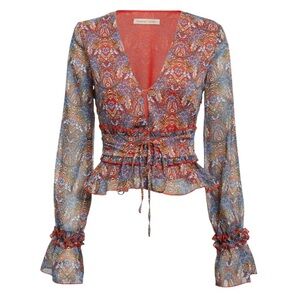 NEW The East Order Long Bell Sleeve Floral Chiffon V-Neck Top Red Blue Tie-Waist
